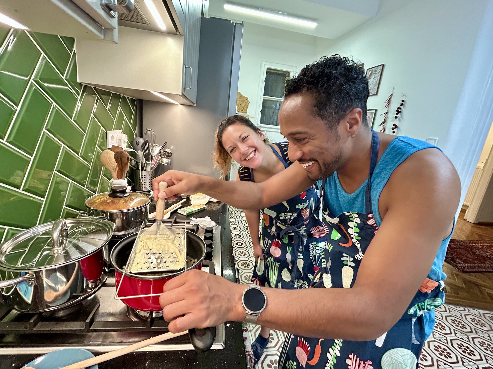 Guests making homemade spaetzle during a private Budapest cooking class